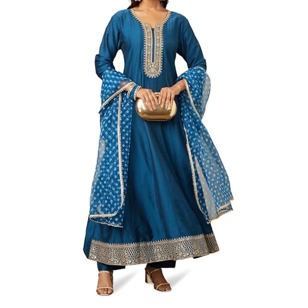 Women's Embroidered Anarkali Kurta Pant Set with Organza Dupatta